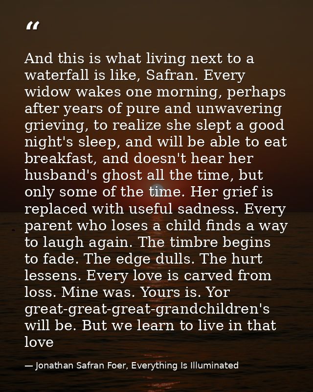 And this is what living next to a waterfall is like, Safran. Every widow wakes one morning, perhaps after years of pure  — Jonathan Safran Foer, Everything Is Illuminated