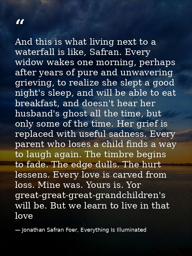 And this is what living next to a waterfall is like, Safran. Every widow wakes one morning, perhaps after years of pure  — Jonathan Safran Foer, Everything Is Illuminated