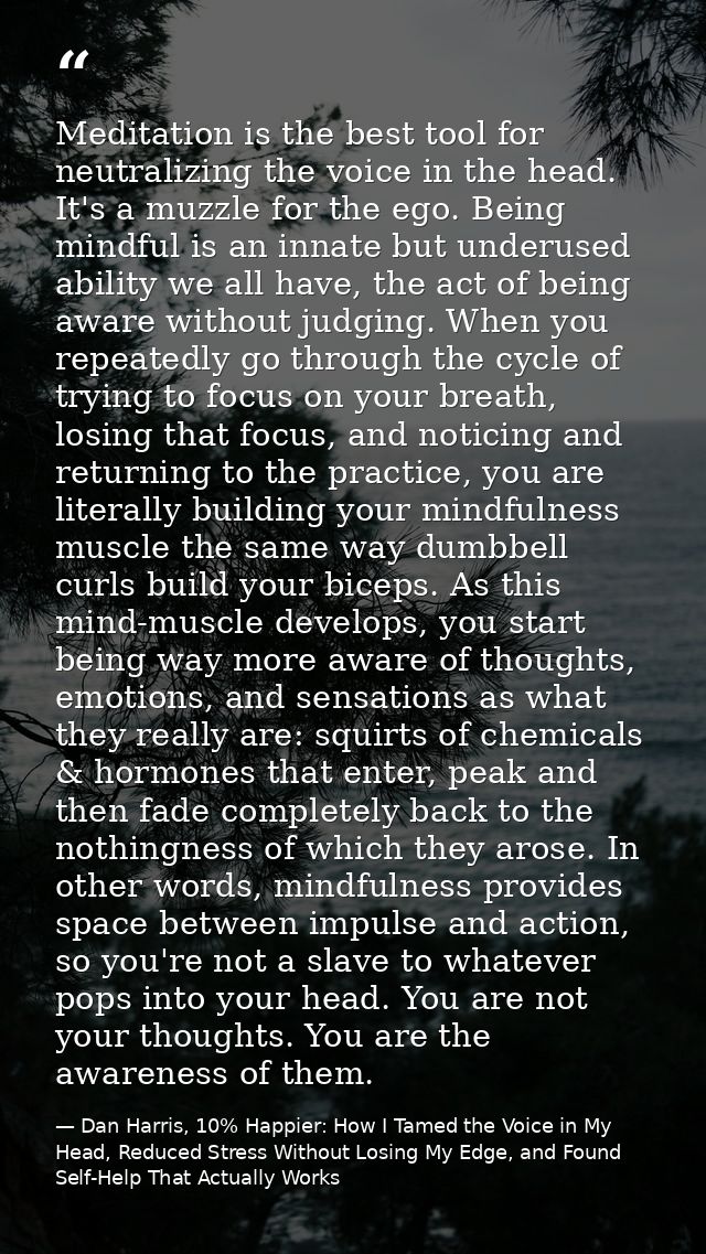 Meditation is the best tool for neutralizing the voice in the head. It's a muzzle for the ego. Being mindful is an innat — Dan Harris, 10% Happier: How I Tamed the Voice in My Head, Reduced Stress Without Losing My Edge, and Found Self-Help That Actually Works