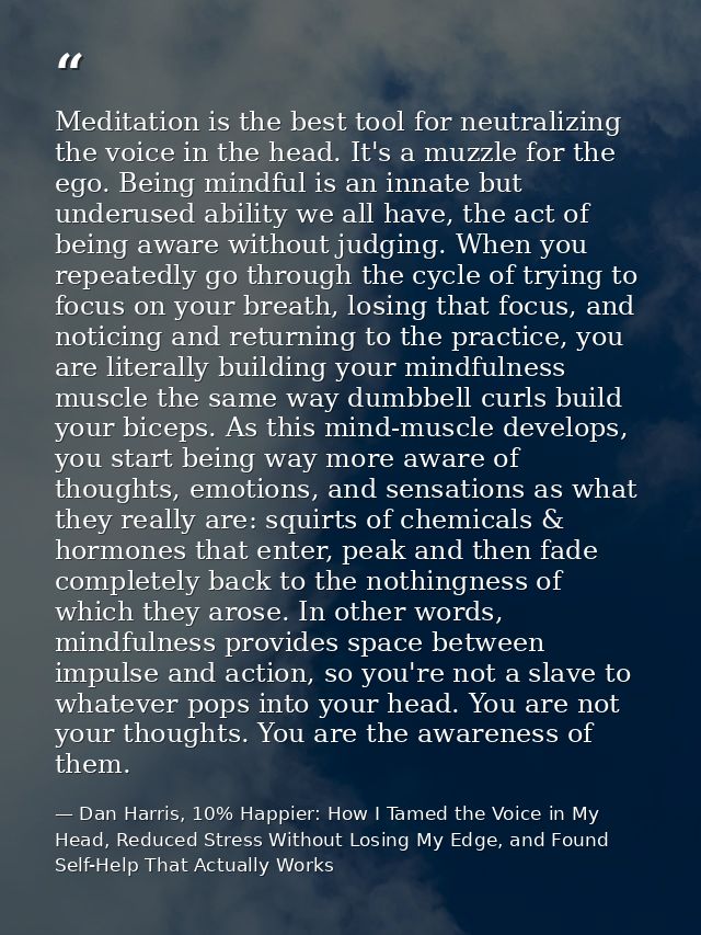 Meditation is the best tool for neutralizing the voice in the head. It's a muzzle for the ego. Being mindful is an innat — Dan Harris, 10% Happier: How I Tamed the Voice in My Head, Reduced Stress Without Losing My Edge, and Found Self-Help That Actually Works