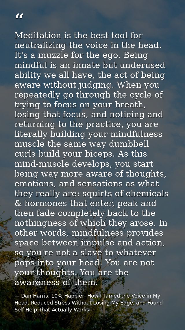 Meditation is the best tool for neutralizing the voice in the head. It's a muzzle for the ego. Being mindful is an innat — Dan Harris, 10% Happier: How I Tamed the Voice in My Head, Reduced Stress Without Losing My Edge, and Found Self-Help That Actually Works