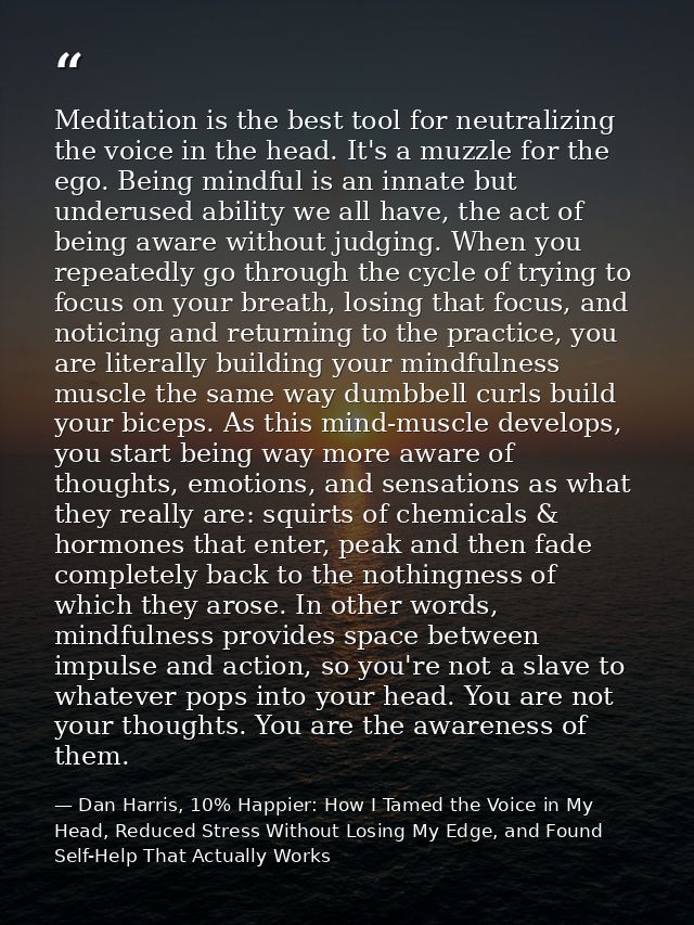 Meditation is the best tool for neutralizing the voice in the head. It's a muzzle for the ego. Being mindful is an innat — Dan Harris, 10% Happier: How I Tamed the Voice in My Head, Reduced Stress Without Losing My Edge, and Found Self-Help That Actually Works