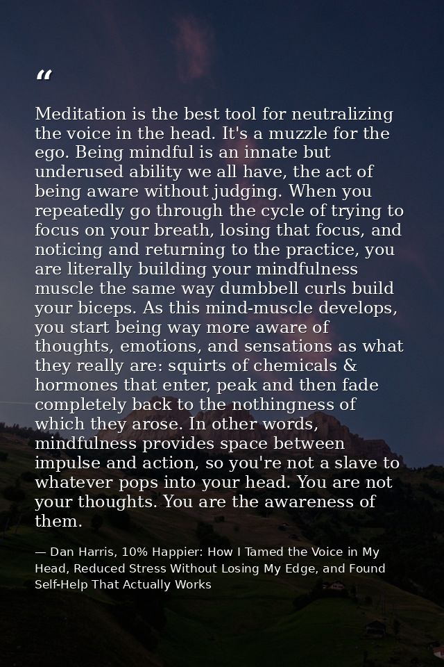 Meditation is the best tool for neutralizing the voice in the head. It's a muzzle for the ego. Being mindful is an innat — Dan Harris, 10% Happier: How I Tamed the Voice in My Head, Reduced Stress Without Losing My Edge, and Found Self-Help That Actually Works