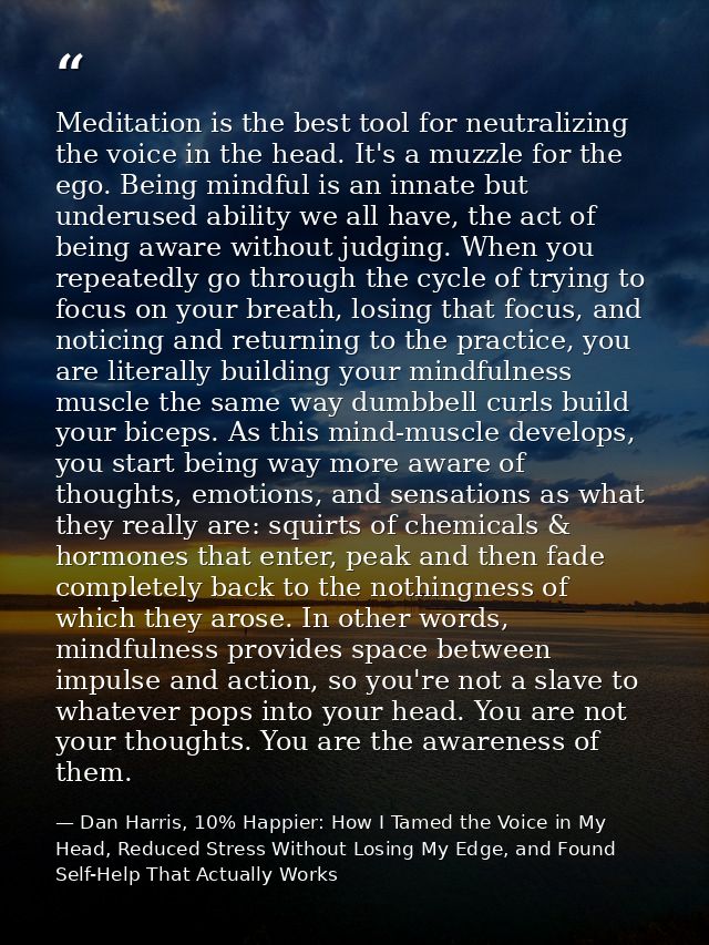 Meditation is the best tool for neutralizing the voice in the head. It's a muzzle for the ego. Being mindful is an innat — Dan Harris, 10% Happier: How I Tamed the Voice in My Head, Reduced Stress Without Losing My Edge, and Found Self-Help That Actually Works