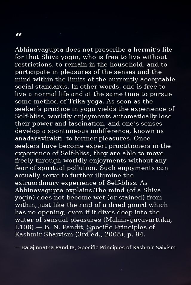 Abhinavagupta does not prescribe a hermit’s life for that Shiva yogin, who is free to live without restrictions, to rema — Balajinnatha Pandita, Specific Principles of Kashmir Saivism