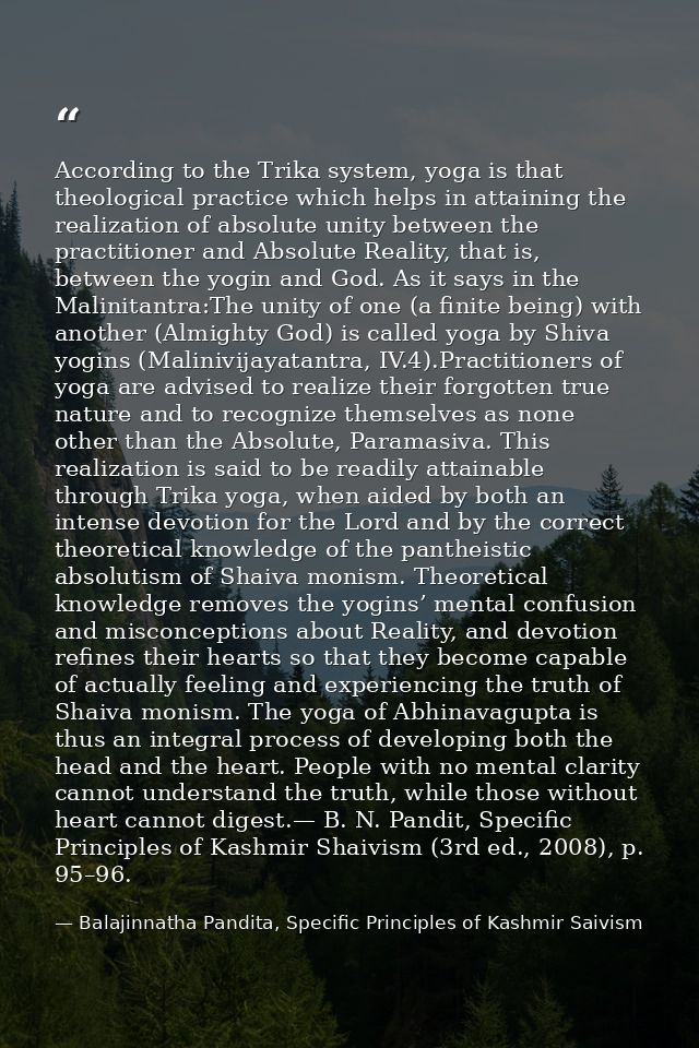 According to the Trika system, yoga is that theological practice which helps in attaining the realization of absolute un — Balajinnatha Pandita, Specific Principles of Kashmir Saivism