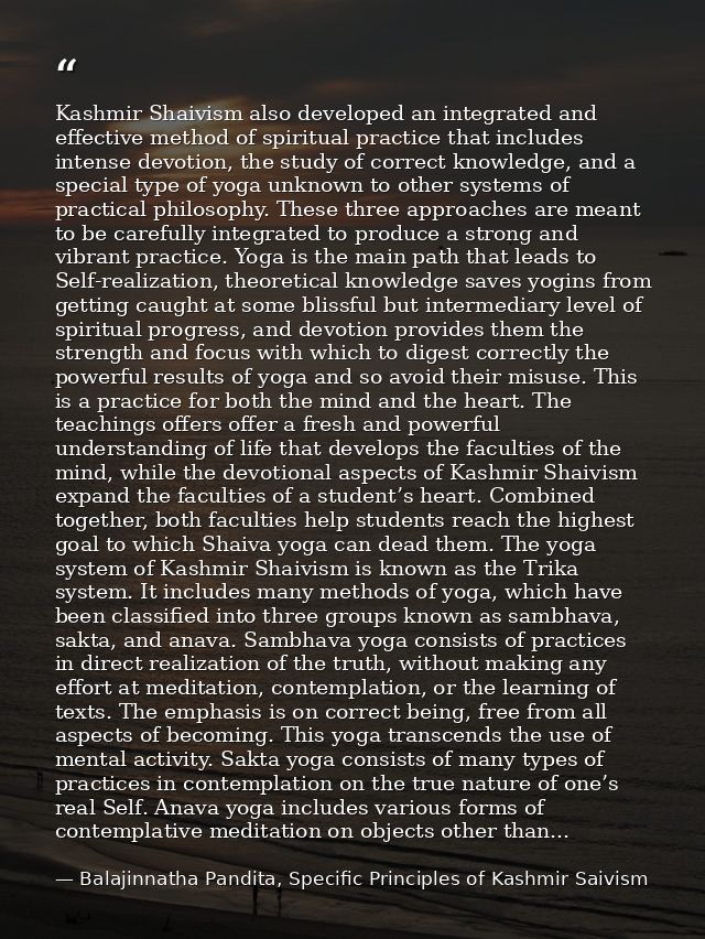 Kashmir Shaivism also developed an integrated and effective method of spiritual practice that includes intense devotion, — Balajinnatha Pandita, Specific Principles of Kashmir Saivism
