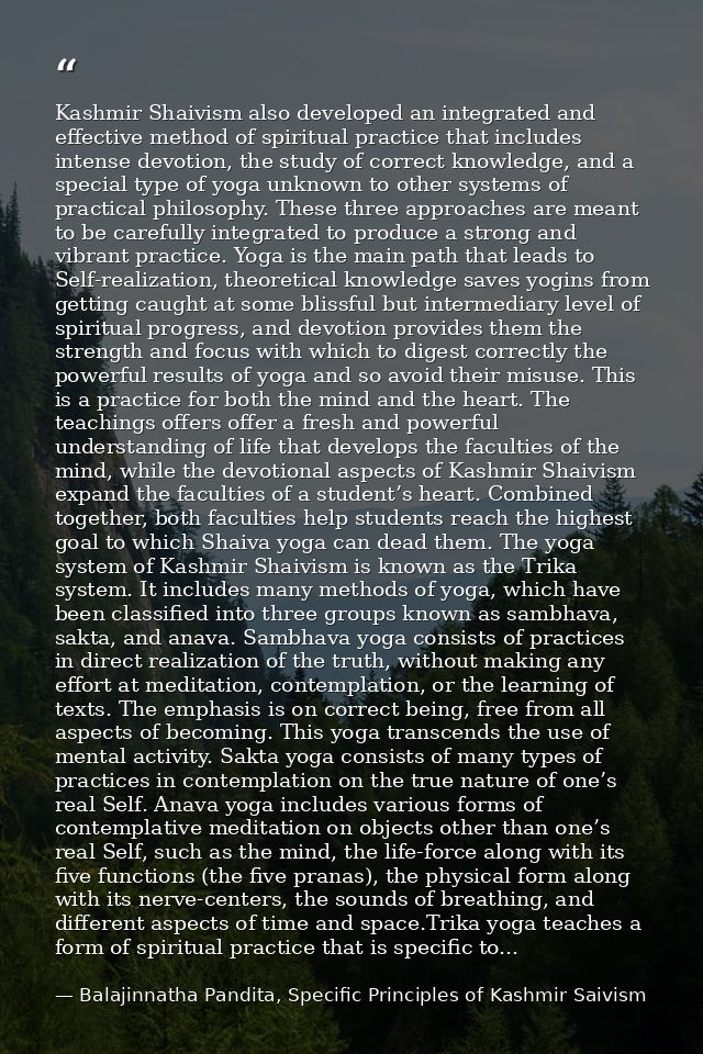 Kashmir Shaivism also developed an integrated and effective method of spiritual practice that includes intense devotion, — Balajinnatha Pandita, Specific Principles of Kashmir Saivism