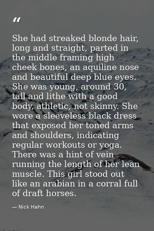 She had streaked blonde hair, long and straight, parted in the middle framing high cheek bones, an aquiline nose and bea — Nick Hahn
