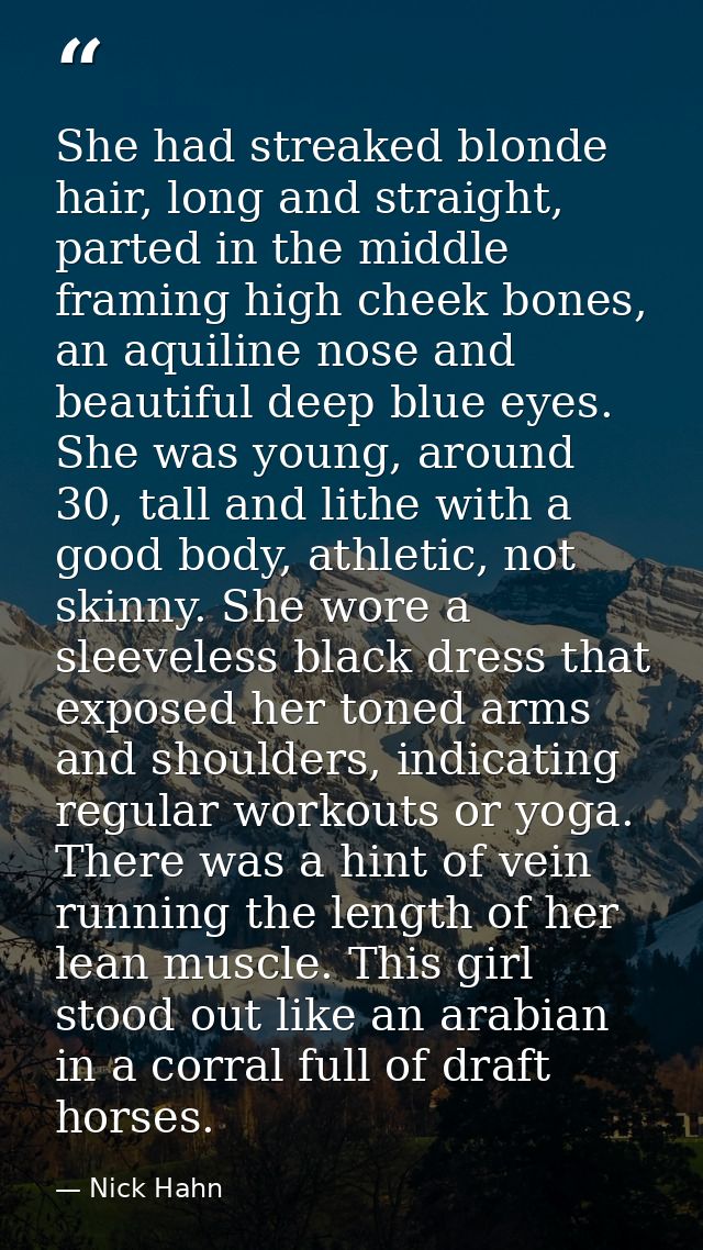 She had streaked blonde hair, long and straight, parted in the middle framing high cheek bones, an aquiline nose and bea — Nick Hahn