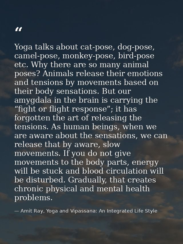 Yoga talks about cat-pose, dog-pose, camel-pose, monkey-pose, bird-pose etc. Why there are so many animal poses? Animals — Amit Ray, Yoga and Vipassana: An Integrated Life Style
