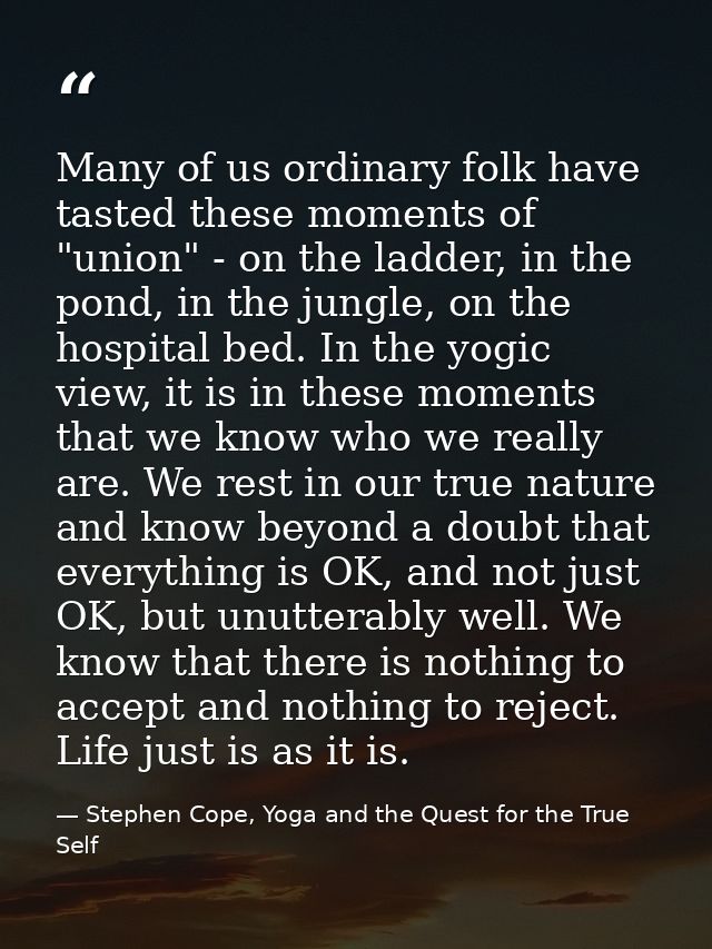 Many of us ordinary folk have tasted these moments of "union" - on the ladder, in the pond, in the jungle, on the hospit — Stephen Cope, Yoga and the Quest for the True Self