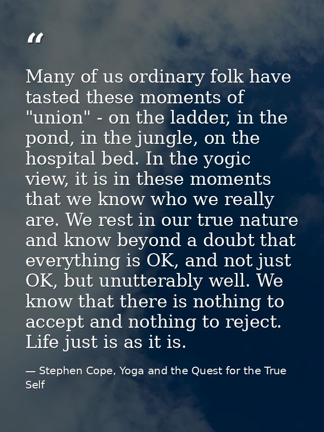 Many of us ordinary folk have tasted these moments of "union" - on the ladder, in the pond, in the jungle, on the hospit — Stephen Cope, Yoga and the Quest for the True Self