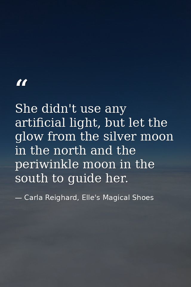 She didn't use any artificial light, but let the glow from the silver moon in the north and the periwinkle moon in the s — Carla Reighard, Elle's Magical Shoes