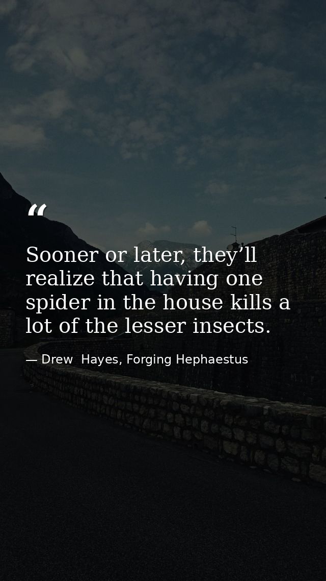 Sooner or later, they’ll realize that having one spider in the house kills a lot of the lesser insects. — Drew  Hayes, Forging Hephaestus