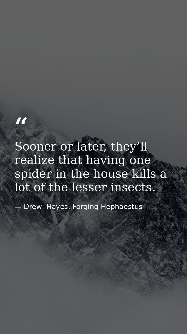 Sooner or later, they’ll realize that having one spider in the house kills a lot of the lesser insects. — Drew  Hayes, Forging Hephaestus