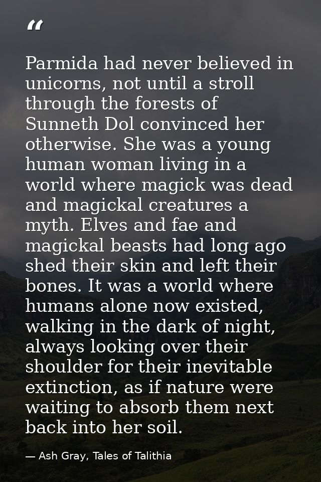 Parmida had never believed in unicorns, not until a stroll through the forests of Sunneth Dol convinced her otherwise. S — Ash Gray, Tales of Talithia