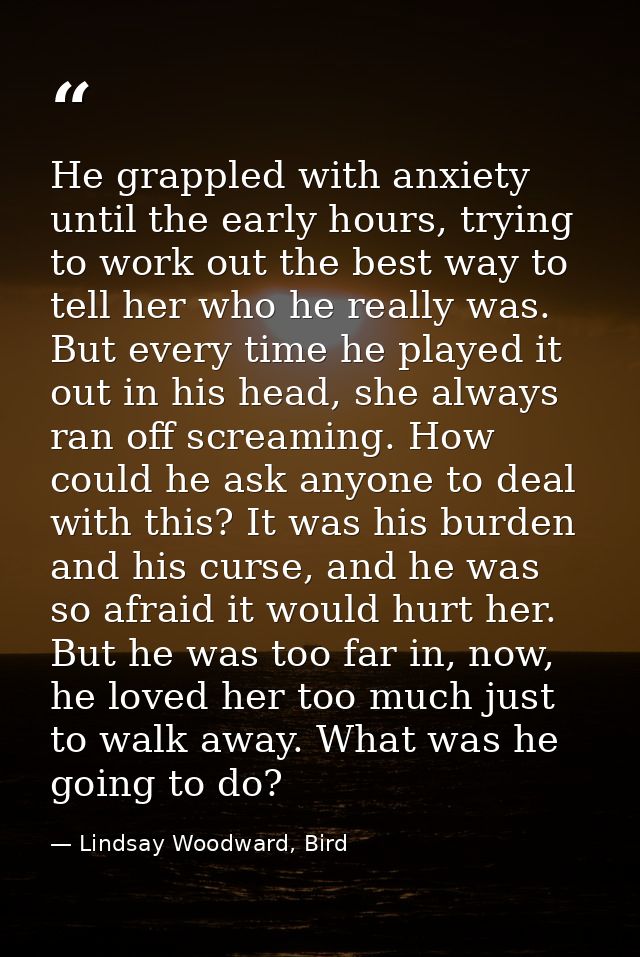 He grappled with anxiety until the early hours, trying to work out the best way to tell her who he really was. But every — Lindsay Woodward, Bird