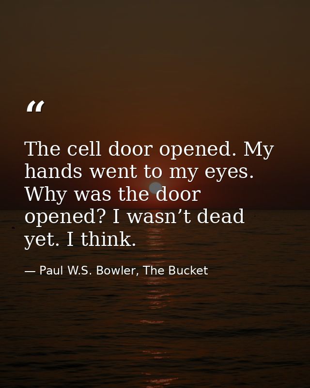 The cell door opened. My hands went to my eyes. Why was the door opened? I wasn’t dead yet. I think. — Paul W.S. Bowler, The Bucket