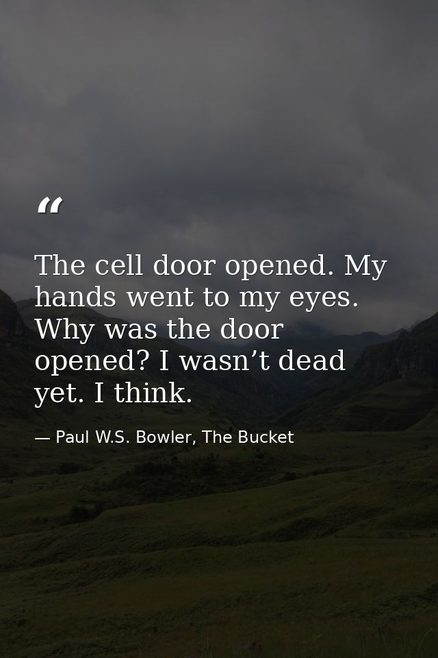 The cell door opened. My hands went to my eyes. Why was the door opened? I wasn’t dead yet. I think. — Paul W.S. Bowler, The Bucket