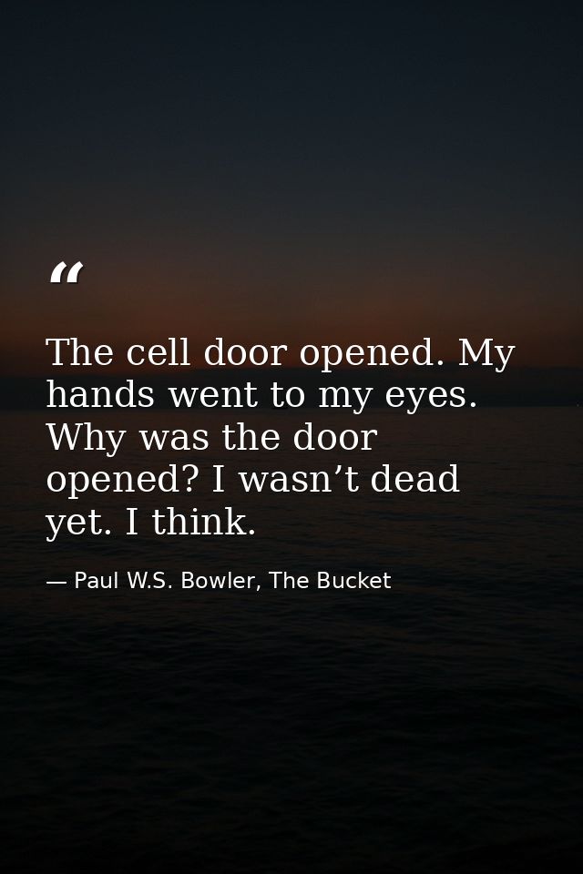 The cell door opened. My hands went to my eyes. Why was the door opened? I wasn’t dead yet. I think. — Paul W.S. Bowler, The Bucket
