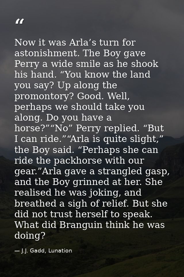 Now it was Arla’s turn for astonishment. The Boy gave Perry a wide smile as he shook his hand. “You know the land you sa — J.J. Gadd, Lunation