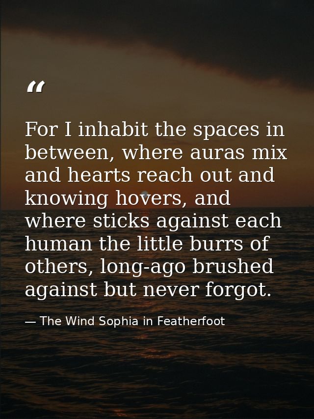 For I inhabit the spaces in between, where auras mix and hearts reach out and knowing hovers, and where sticks against e — The Wind Sophia in Featherfoot