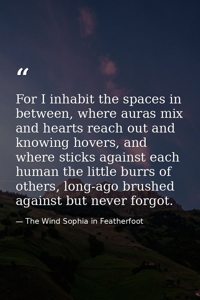 For I inhabit the spaces in between, where auras mix and hearts reach out and knowing hovers, and where sticks against e — The Wind Sophia in Featherfoot