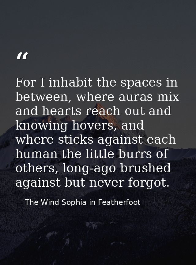 For I inhabit the spaces in between, where auras mix and hearts reach out and knowing hovers, and where sticks against e — The Wind Sophia in Featherfoot
