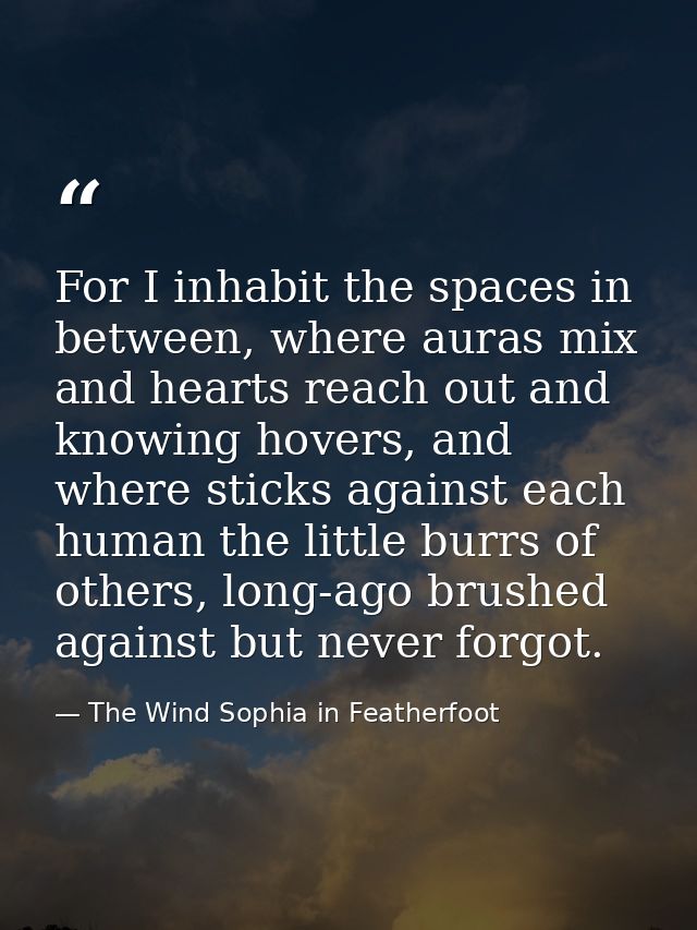 For I inhabit the spaces in between, where auras mix and hearts reach out and knowing hovers, and where sticks against e — The Wind Sophia in Featherfoot