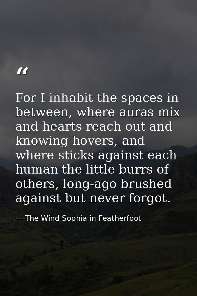 For I inhabit the spaces in between, where auras mix and hearts reach out and knowing hovers, and where sticks against e — The Wind Sophia in Featherfoot