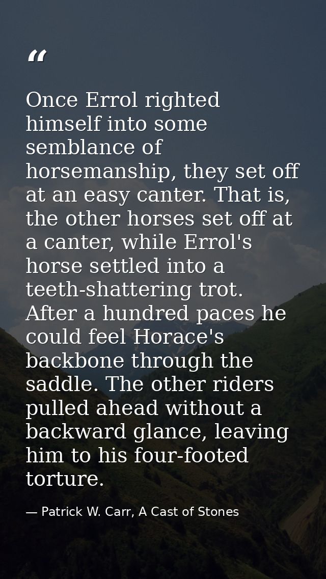 Once Errol righted himself into some semblance of horsemanship, they set off at an easy canter. That is, the other horse — Patrick W. Carr, A Cast of Stones