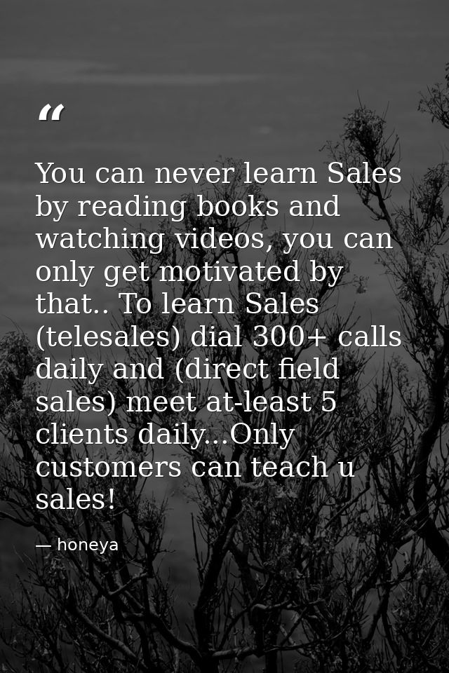 You can never learn Sales by reading books and watching videos, you can only get motivated by that.. To learn Sales (tel — honeya