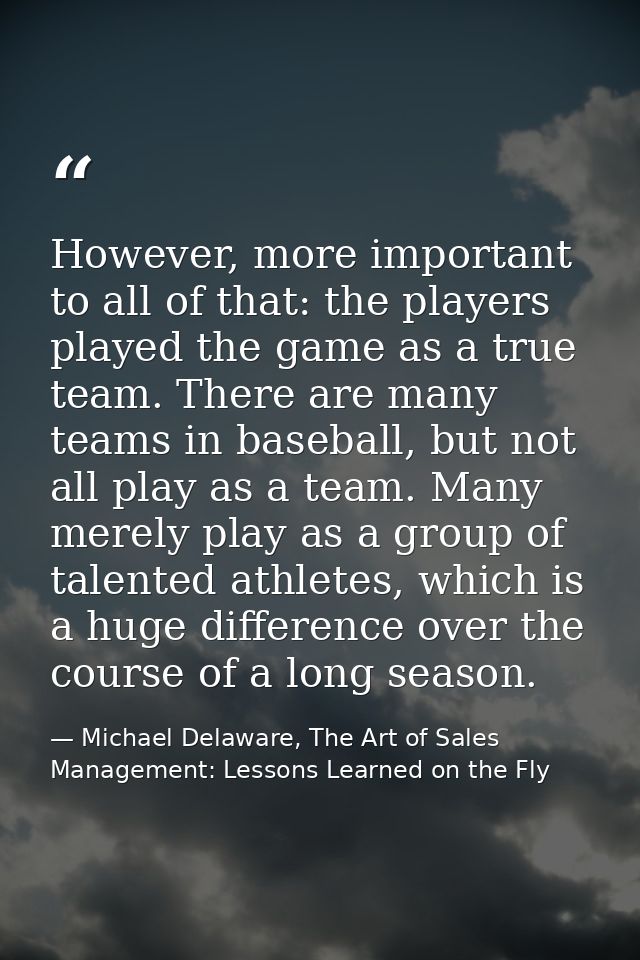 However, more important to all of that: the players played the game as a true team. There are many teams in baseball, bu — Michael Delaware, The Art of Sales Management: Lessons Learned on the Fly