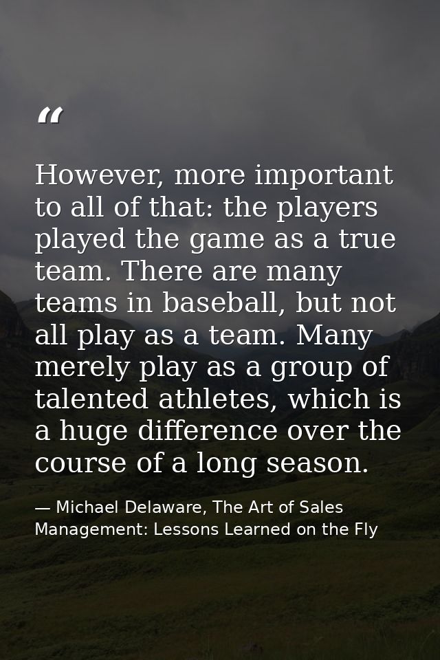 However, more important to all of that: the players played the game as a true team. There are many teams in baseball, bu — Michael Delaware, The Art of Sales Management: Lessons Learned on the Fly