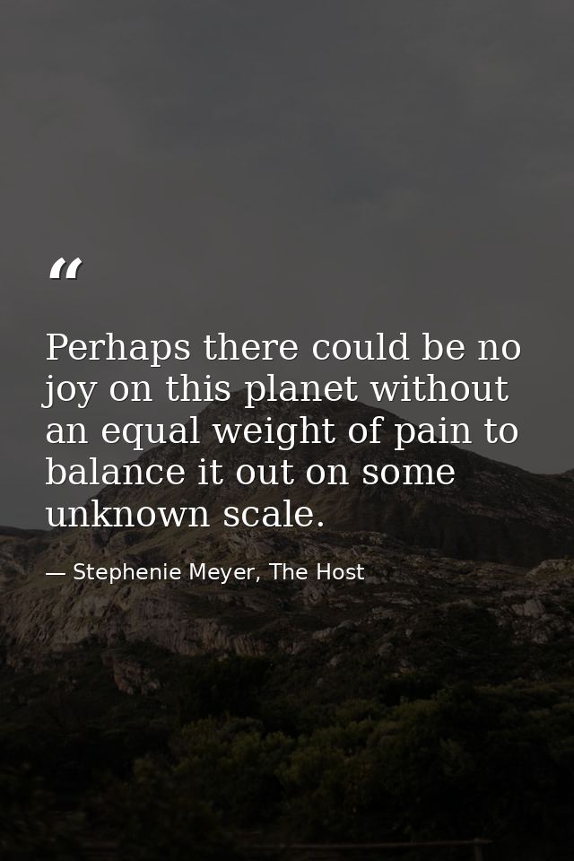 Perhaps there could be no joy on this planet without an equal weight of pain to balance it out on some unknown scale. — Stephenie Meyer, The Host