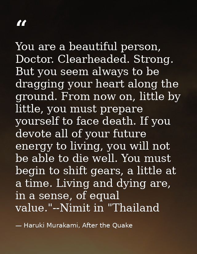 You are a beautiful person, Doctor. Clearheaded. Strong. But you seem always to be dragging your heart along the ground. — Haruki Murakami, After the Quake
