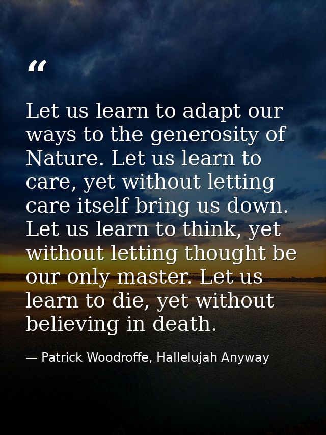 Let us learn to adapt our ways to the generosity of Nature. Let us learn to care, yet without letting care itself bring  — Patrick Woodroffe, Hallelujah Anyway