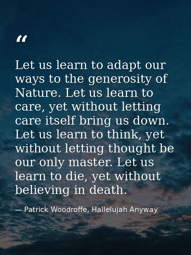 Let us learn to adapt our ways to the generosity of Nature. Let us learn to care, yet without letting care itself bring  — Patrick Woodroffe, Hallelujah Anyway