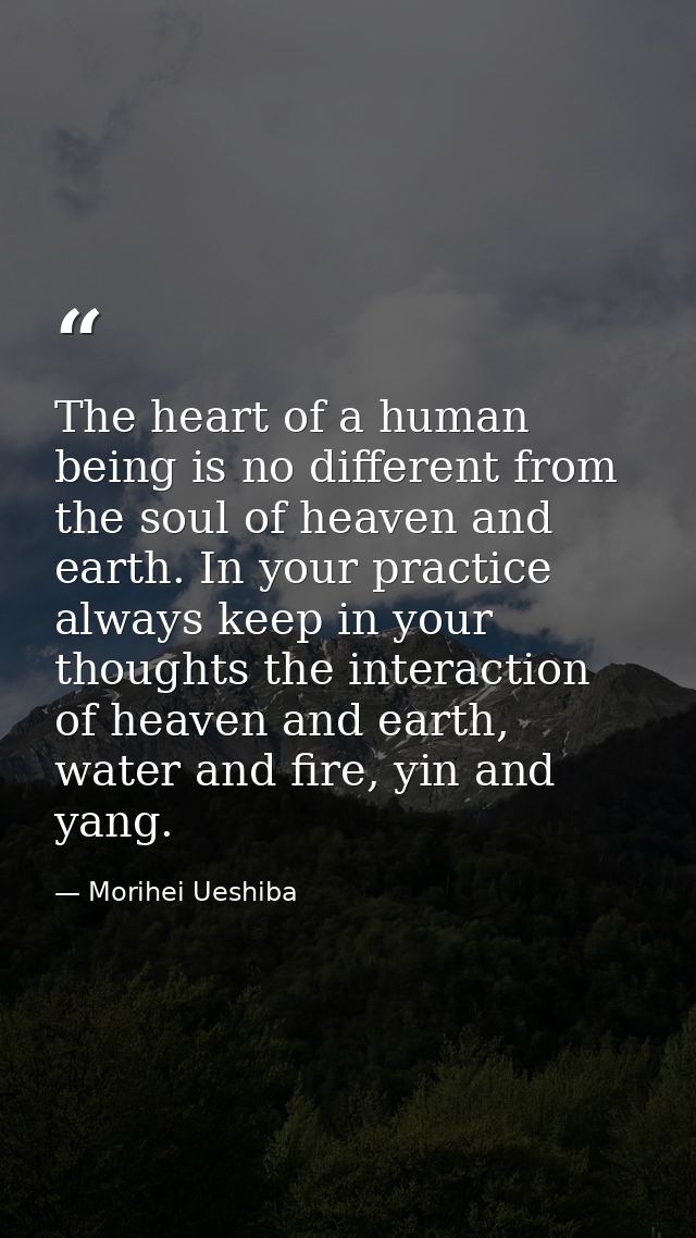 The heart of a human being is no different from the soul of heaven and earth. In your practice always keep in your thoug — Morihei Ueshiba