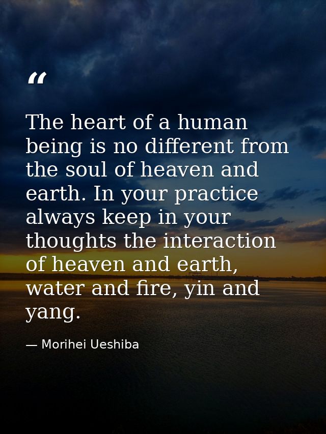 The heart of a human being is no different from the soul of heaven and earth. In your practice always keep in your thoug — Morihei Ueshiba