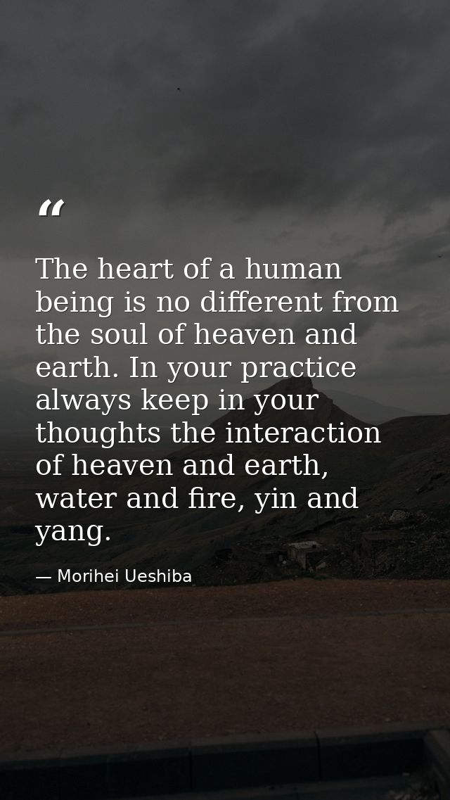 The heart of a human being is no different from the soul of heaven and earth. In your practice always keep in your thoug — Morihei Ueshiba