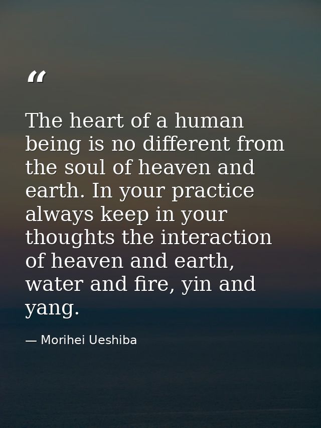 The heart of a human being is no different from the soul of heaven and earth. In your practice always keep in your thoug — Morihei Ueshiba