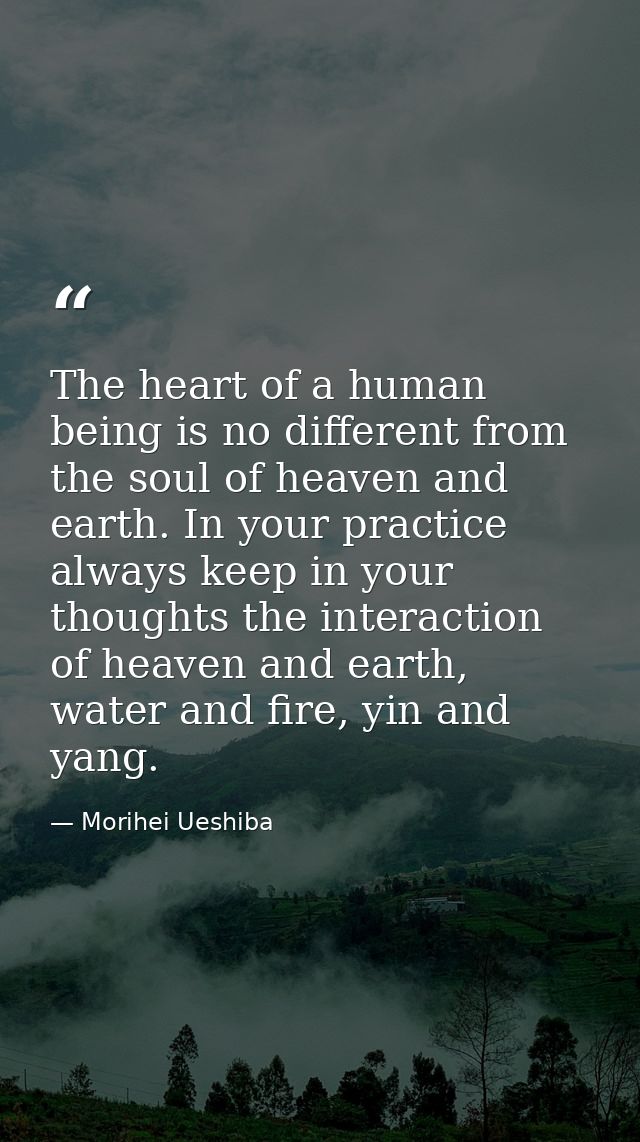 The heart of a human being is no different from the soul of heaven and earth. In your practice always keep in your thoug — Morihei Ueshiba