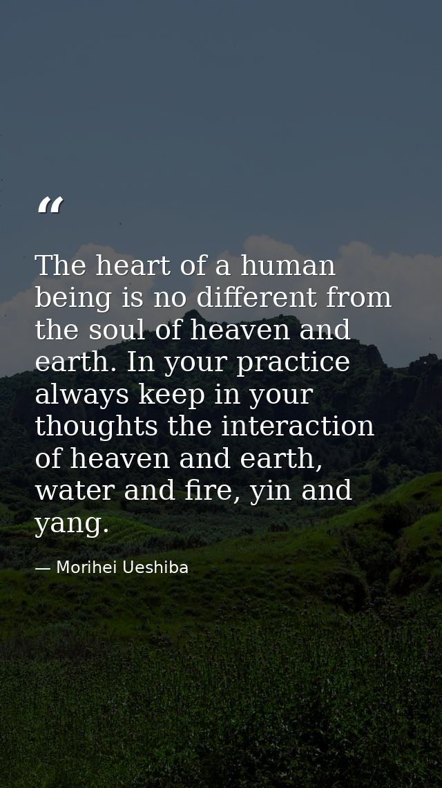 The heart of a human being is no different from the soul of heaven and earth. In your practice always keep in your thoug — Morihei Ueshiba