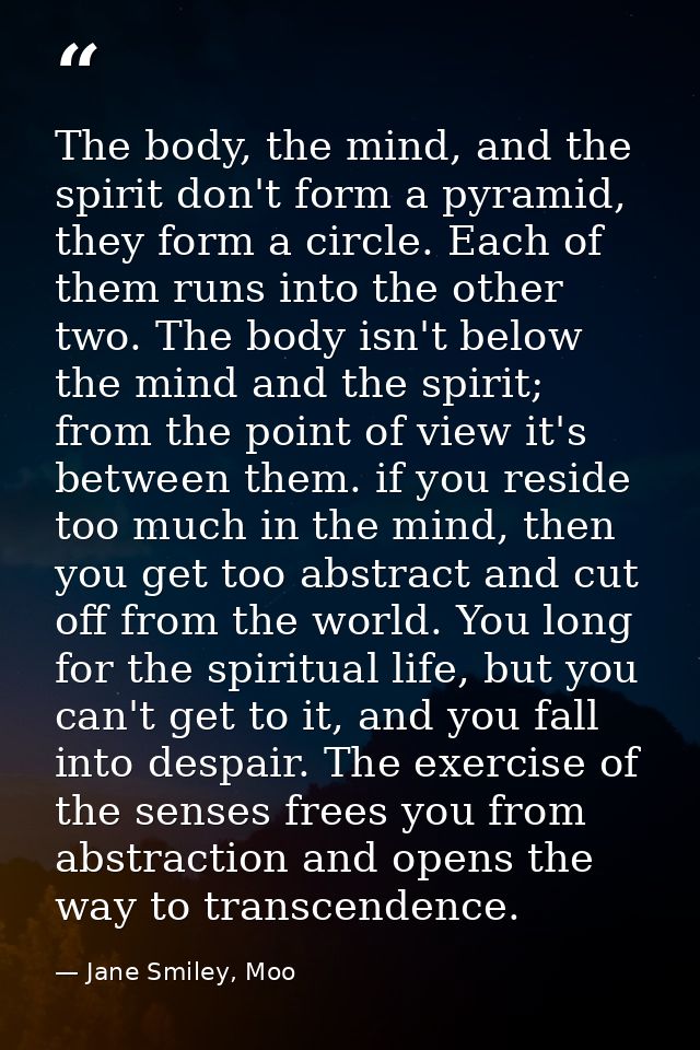 The body, the mind, and the spirit don't form a pyramid, they form a circle. Each of them runs into the other two. The b — Jane Smiley, Moo
