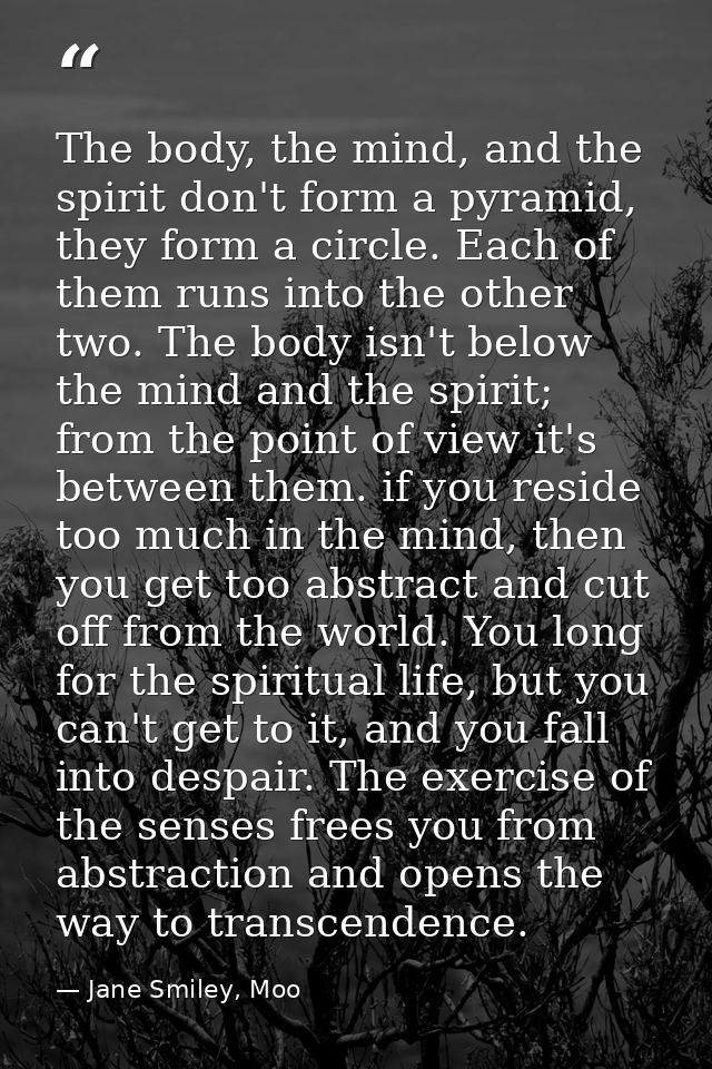 The body, the mind, and the spirit don't form a pyramid, they form a circle. Each of them runs into the other two. The b — Jane Smiley, Moo