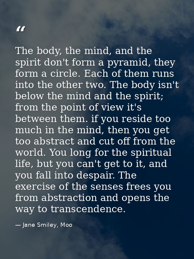 The body, the mind, and the spirit don't form a pyramid, they form a circle. Each of them runs into the other two. The b — Jane Smiley, Moo