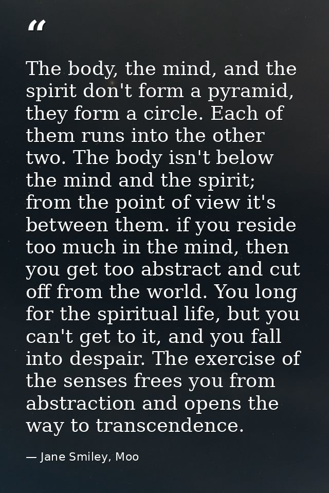 The body, the mind, and the spirit don't form a pyramid, they form a circle. Each of them runs into the other two. The b — Jane Smiley, Moo