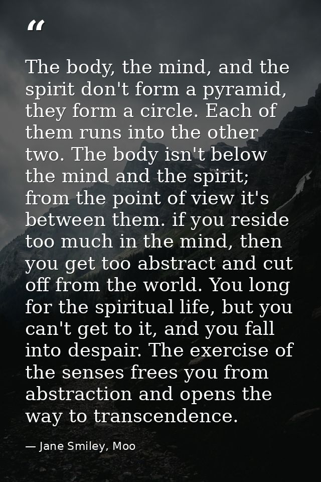 The body, the mind, and the spirit don't form a pyramid, they form a circle. Each of them runs into the other two. The b — Jane Smiley, Moo